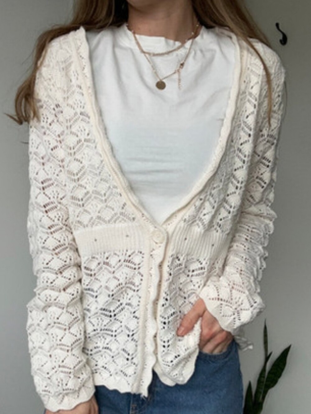 DALIA Ivory Open Knit Crochet Cardigan Scalloped Hem Size XL